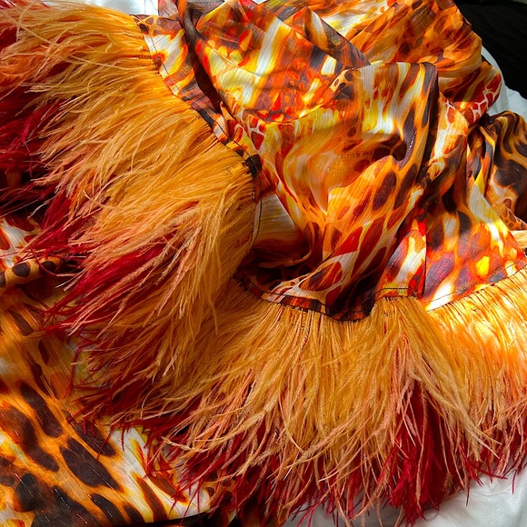 BRONX AND BANCO
Fire-Print One-Shoulder Feather-Cuff Mini Dress - Picture 3 of 9